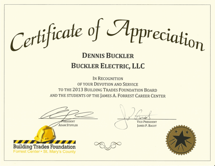 electrician certificate of appreciation from the builders founders association in St. Mary's County